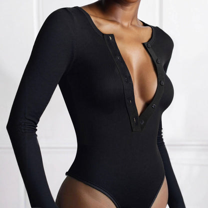 Damen Langarm-Bodysuit Elegant Knopfleiste Schwarz Eveloria - Eveloria