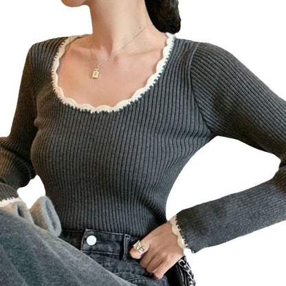 Damen Pulli Feinripp Wellenabschluss Beige