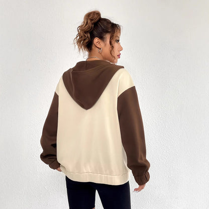 Damen Sweatjacke Lässig Kontrastärmel Kapuze