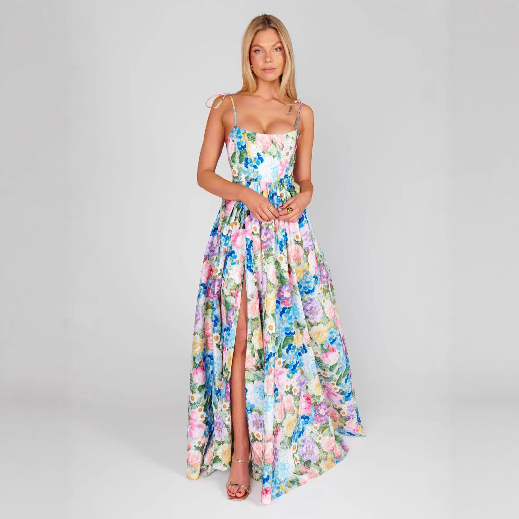 Damen Maxi-Kleid Langarm Floralmuster Rüschendetails