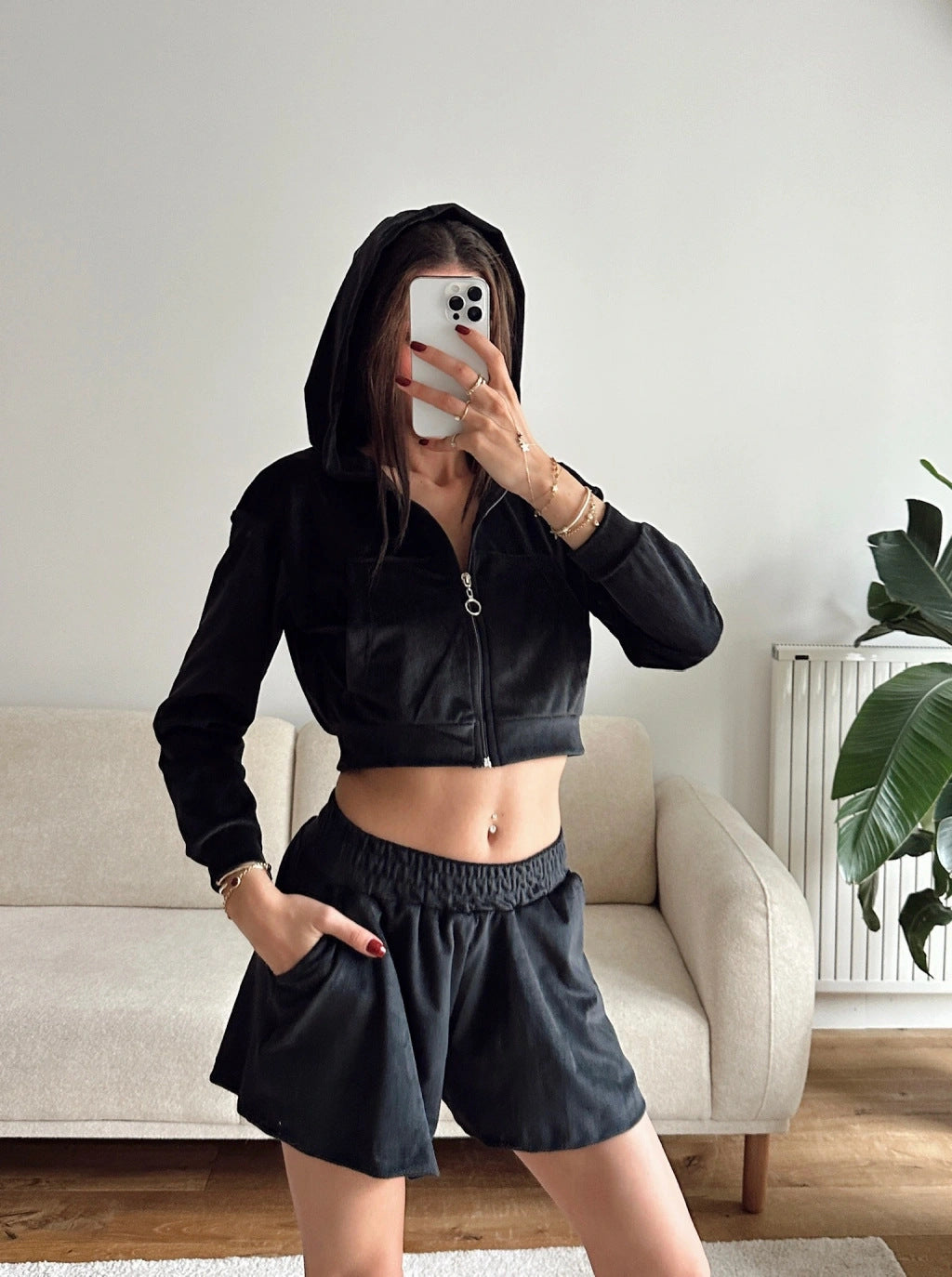 Damen Fleece-Set Cropped Hoodie Bequeme Shorts