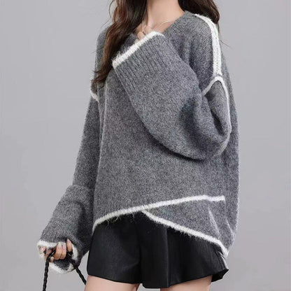 Damen Strickpullover Lockerer Schnitt Kontrastrand Eveloria - Eveloria