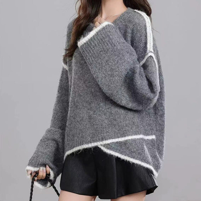 Damen Strickpullover Grobstrick Kontrastfarben Lässiger Schnitt - Eveloria