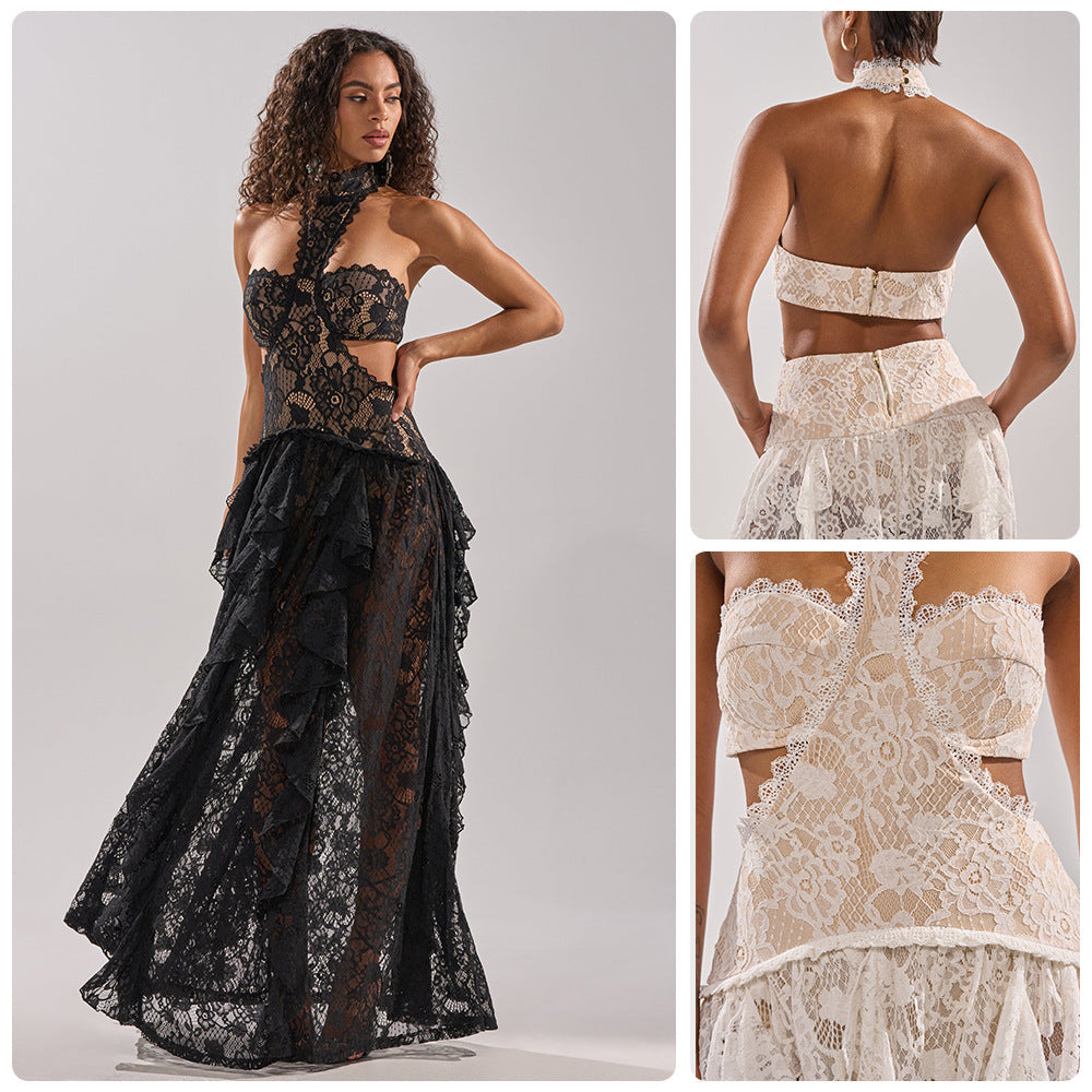 Eveloria Damen Abendkleid Spitze Hochgeschlossen Schwarz - Eveloria
