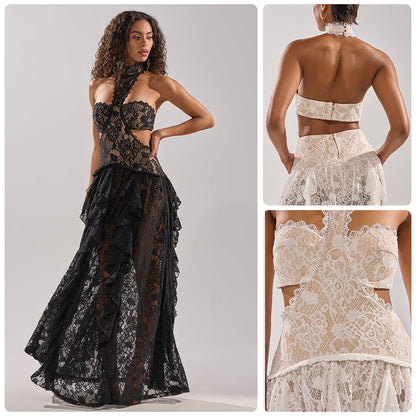 Eveloria Damen Abendkleid Spitze Hochgeschlossen Schwarz - Eveloria