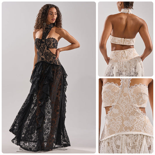 Eveloria Damen Abendkleid Spitze Hochgeschlossen Schwarz - Eveloria