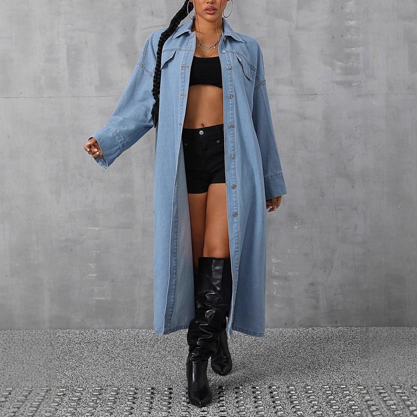 Damen Oversized Denimjacke Maxi mit Druckknöpfen und Taschen Blau