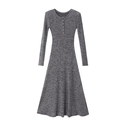 Damen Strickkleid Lang Knöpfe Figurbetont Anthrazit Eveloria