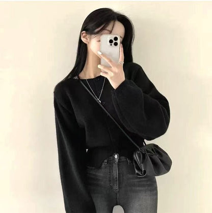 Damen Strickjacke Cropped Oversized Ärmel Knopfleiste Eveloria