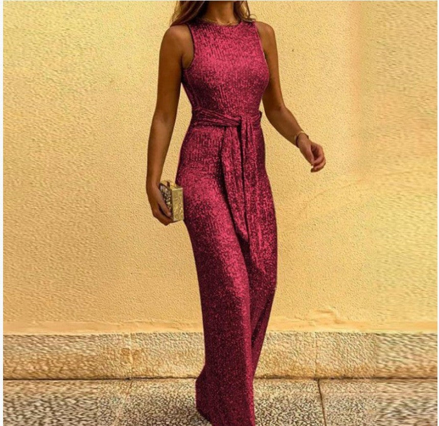 Damen Maxikleid Glänzende Pailletten Elegante Taillenbindung