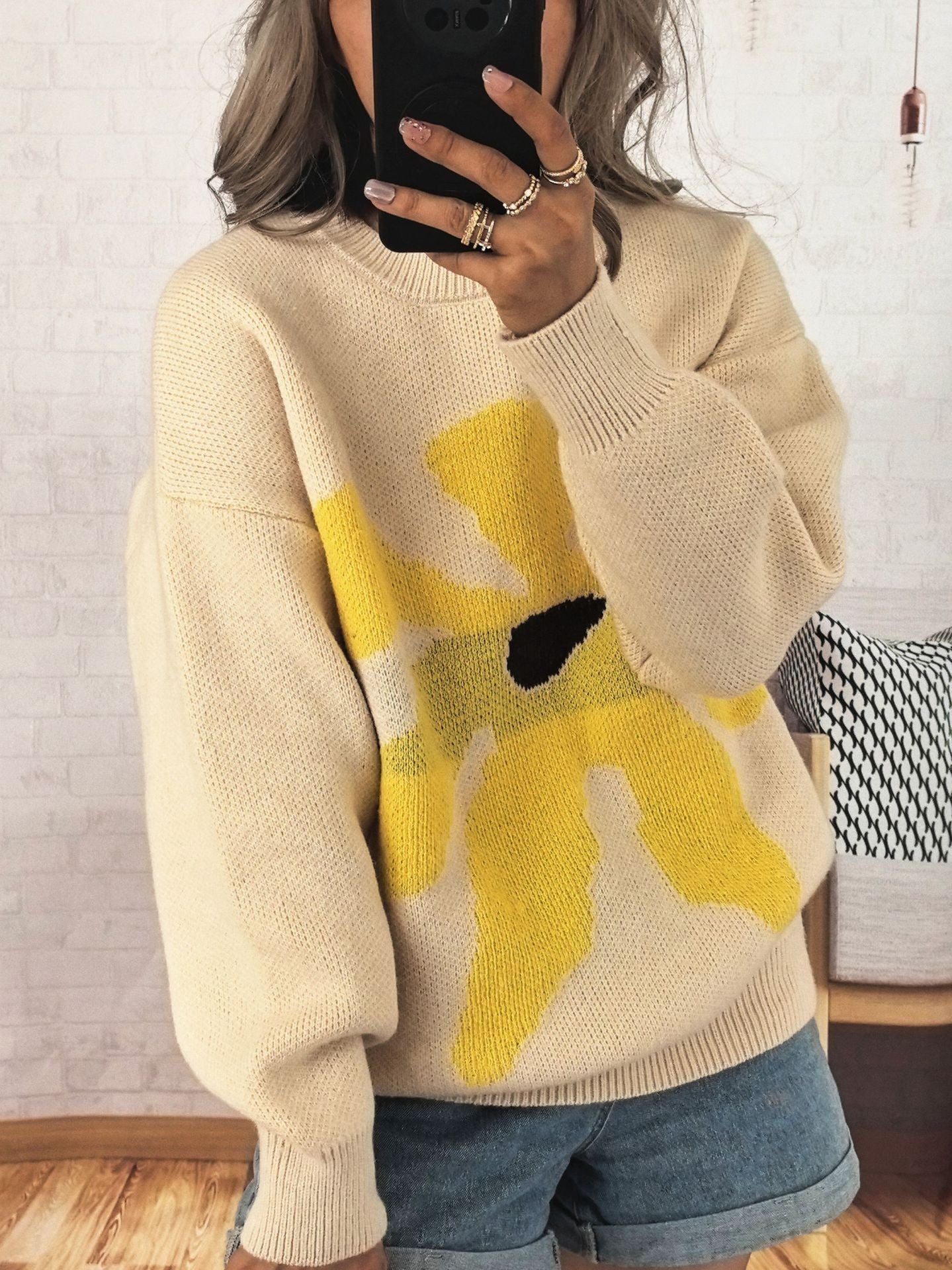 Damen Strickpullover Bunt Blumenmotiv Überschnittene Schultern