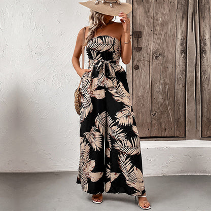 Damen Strapless Jumpsuit Floralem Print Taillengürtel Eveloria