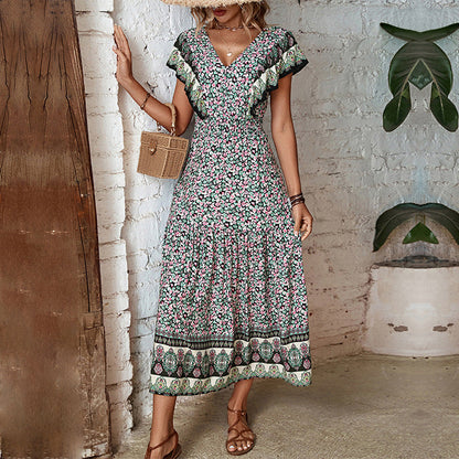 Damen Midi-Kleid Floral-Design V-Ausschnitt