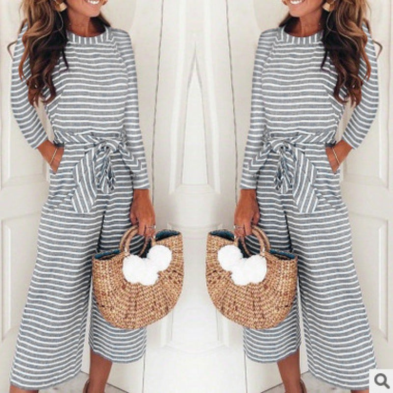 Damen Jumpsuit Lässiger Bindegürtel Gestreift Eveloria