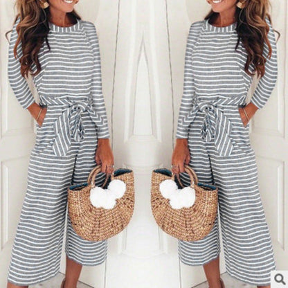 Damen Jumpsuit Lässiger Bindegürtel Gestreift Eveloria