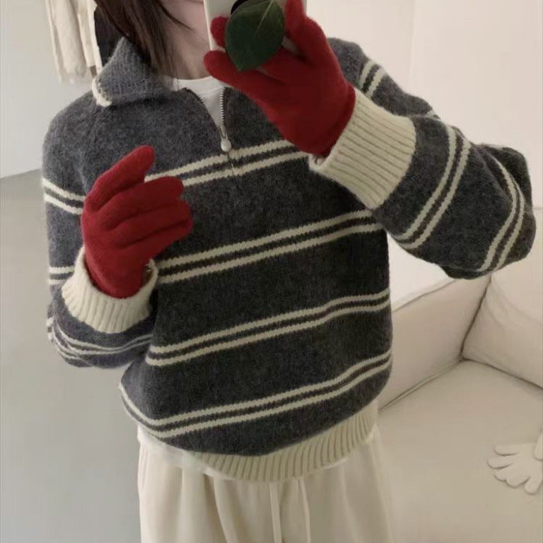 Damen Pullover Gemustert Stehkragen Kontrastdetails Eveloria - Eveloria