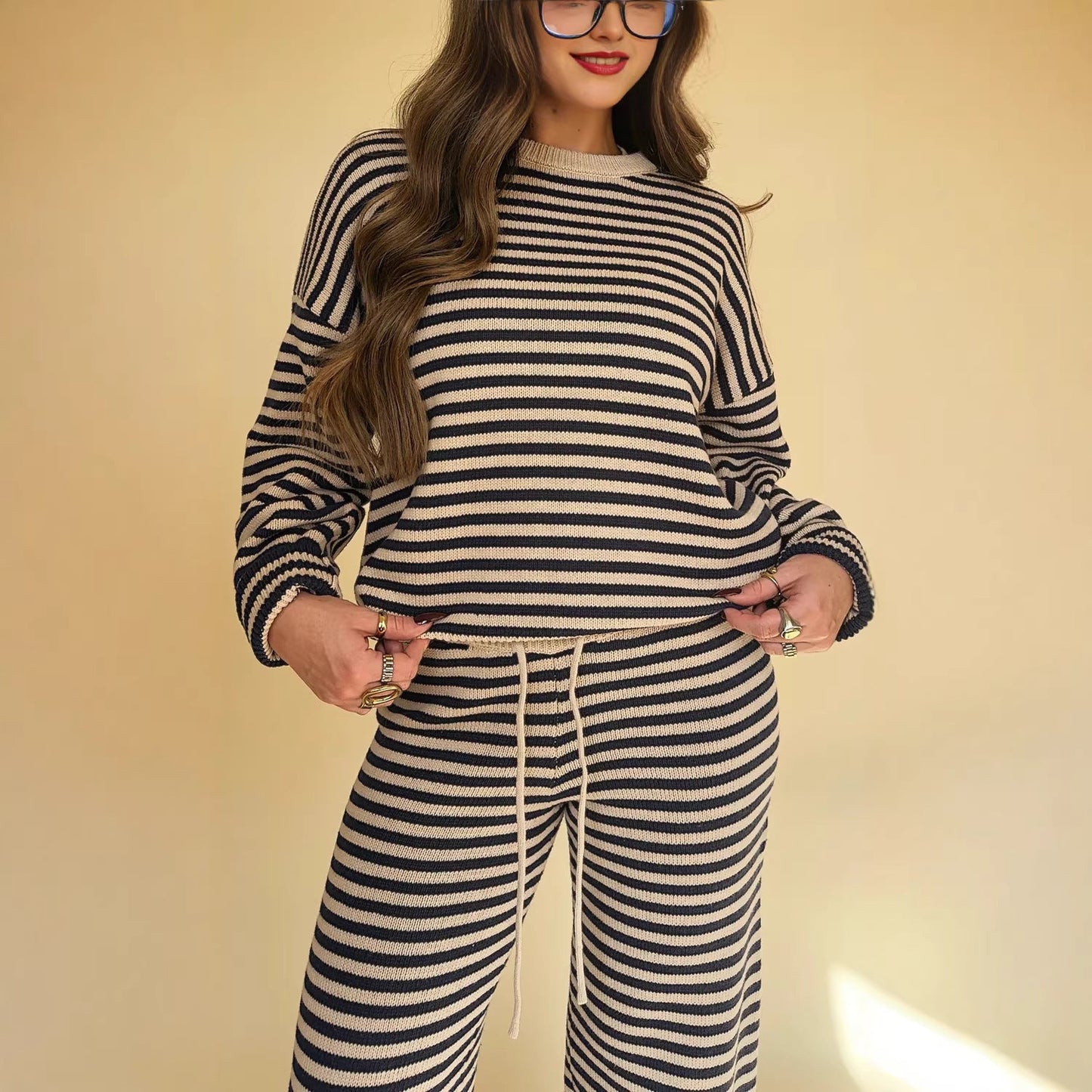 Damen Strickset Streifenmuster Weite Passform