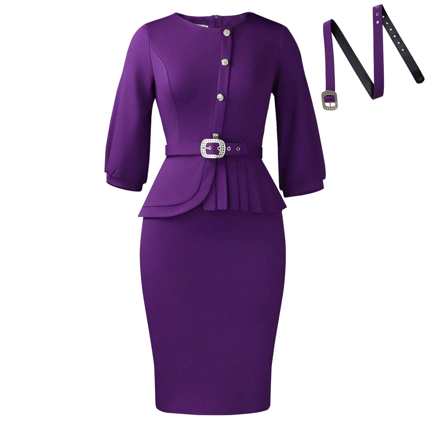 Damen Etuikleid Taillierter Gürtel Peplum Saum Eveloria