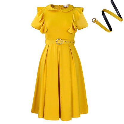 Damen Kleid Rüschendetails Taillierter Gürtel Eveloria