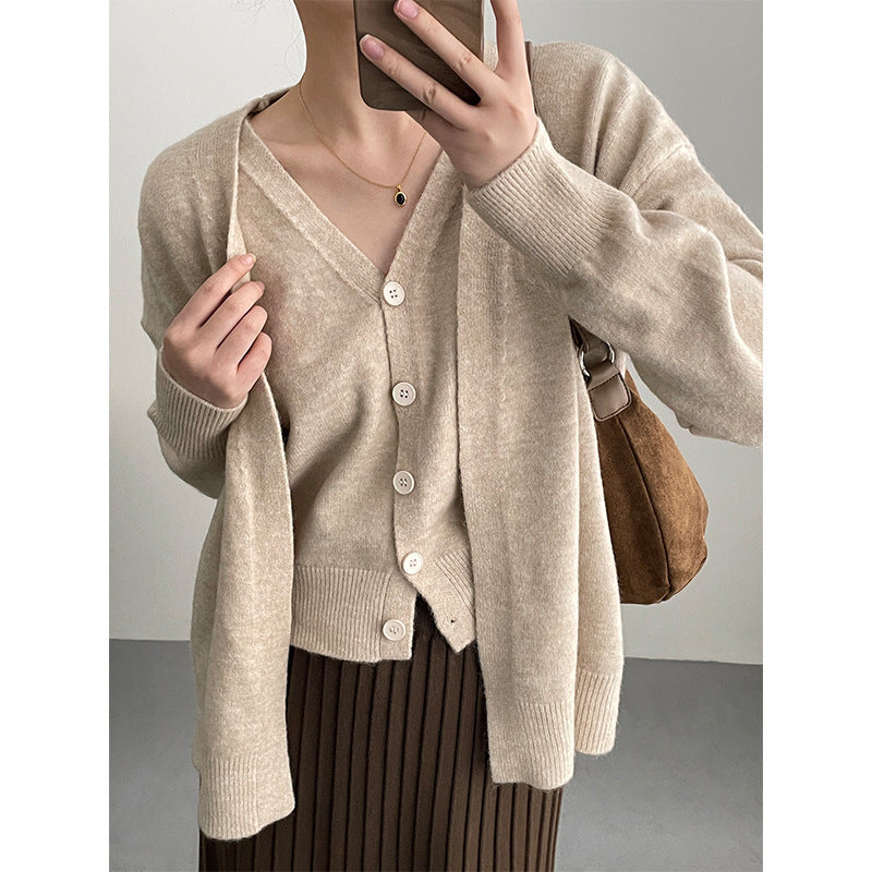 Damen Cardigan Gestrickt V-Ausschnitt Beige - Eveloria