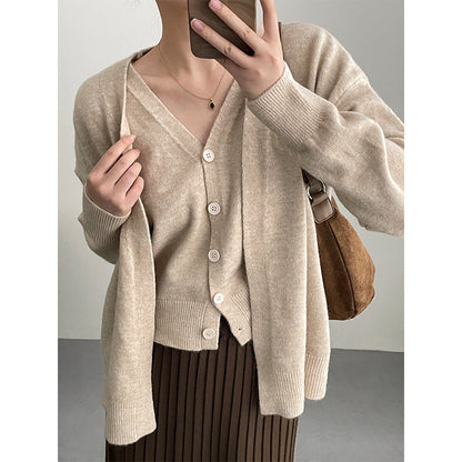 Damen Cardigan Gestrickt V-Ausschnitt Beige - Eveloria