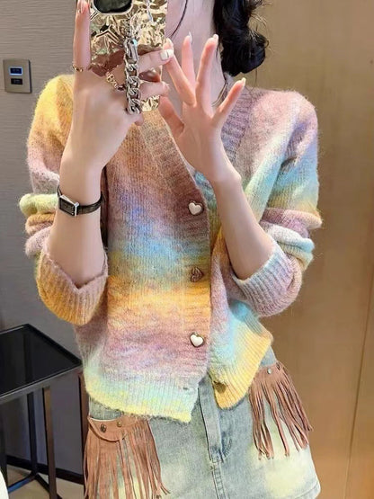 Damen Strickjacke Farbverlauf Herzknöpfe Eveloria