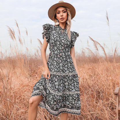 Damen Sommerkleid Rüschendetails Floralmuster Eveloria - Eveloria