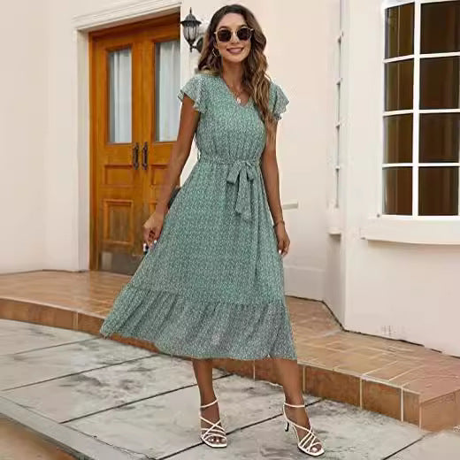 Damen Midi-Kleid Floralmuster Taillengürtel