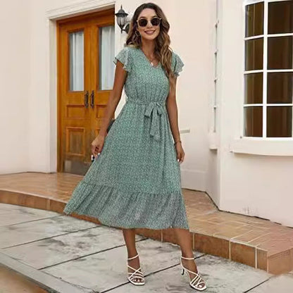 Damen Midi-Kleid Floralmuster Taillengürtel