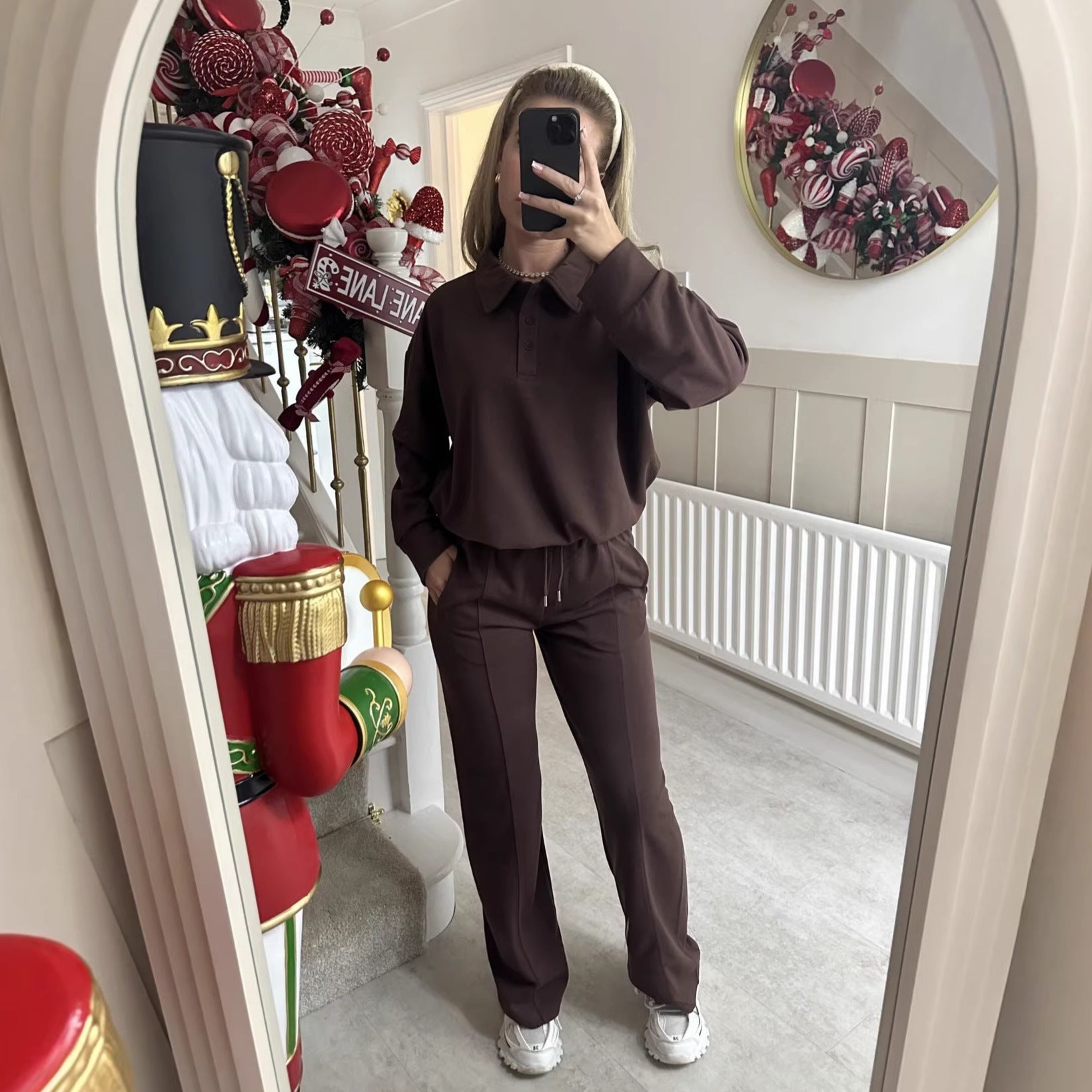 Damen Freizeitanzug Hochgeschlossener Kragen Weite Hose Schwarz - Eveloria