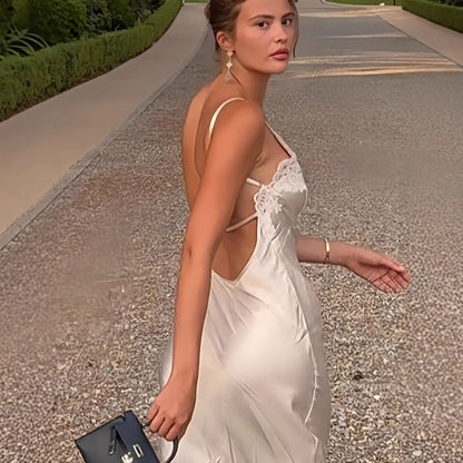 Damen Satin Maxikleid Spitzenbesatz schmal Eveloria
