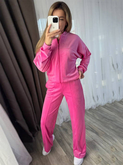 Damen Velours Jogginganzug Hochkragen Praktische Taschen