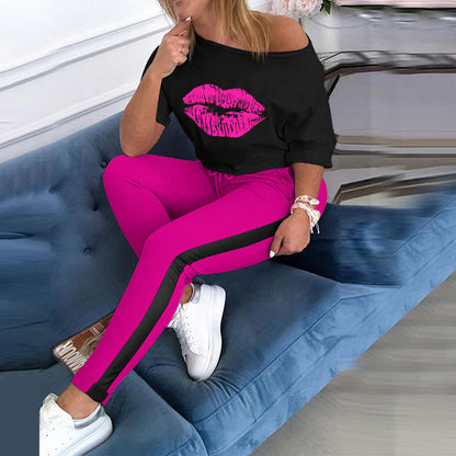 Damen Sweatshirt Lippenmotiv mit sportlicher Leggings