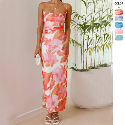Damen Maxikleid Florales Muster Schmale Träger Elegant - Eveloria