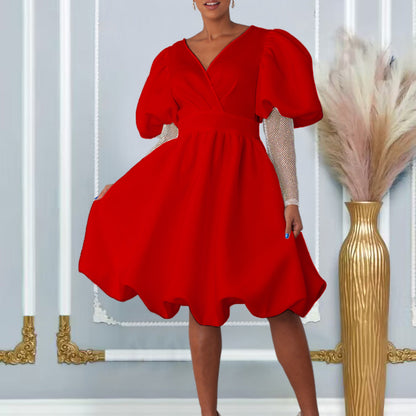 Damen Wickelkleid Puffärmel Netzoberarm Transparent Eveloria