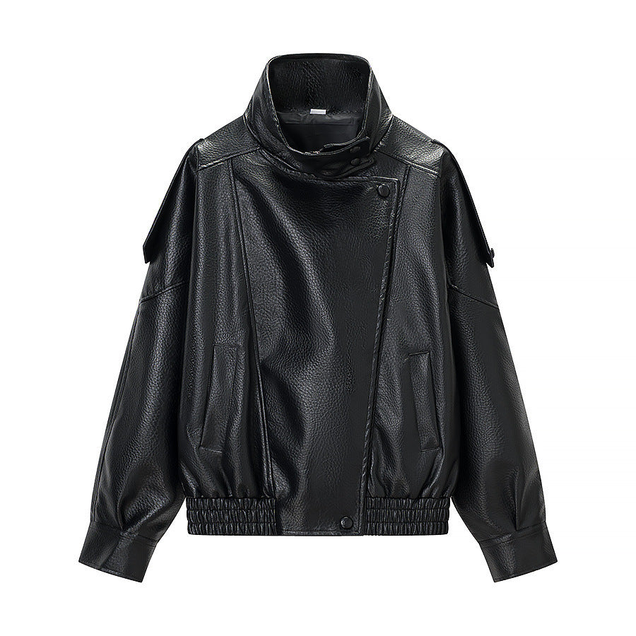 Damen Kunstlederjacke Hochkragen mit Taschen