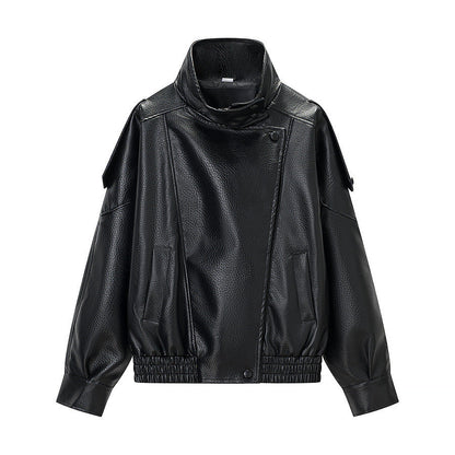 Damen Kunstlederjacke Hochkragen mit Taschen