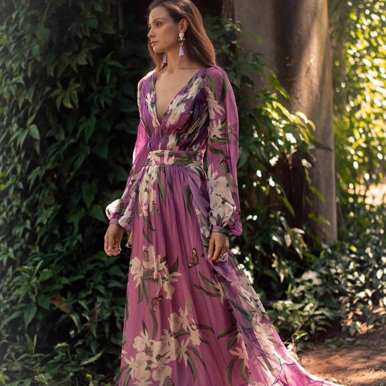 Damen Maxi-Kleid Florales Muster Voluminöse Ärmel Eveloria