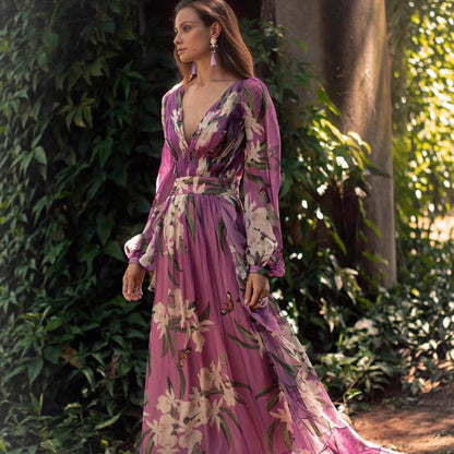 Damen Maxi-Kleid Florales Muster Voluminöse Ärmel Eveloria