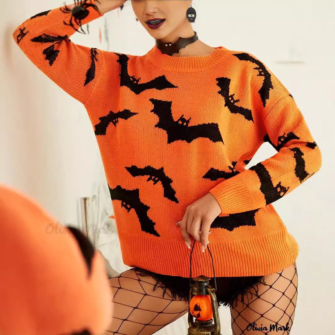 Damen Halloween Pullover Fledermaus Muster Eveloria