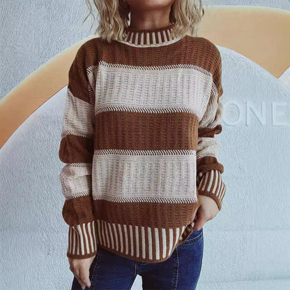 Damen Strickpullover mit Streifenmuster und hohem Bündchen