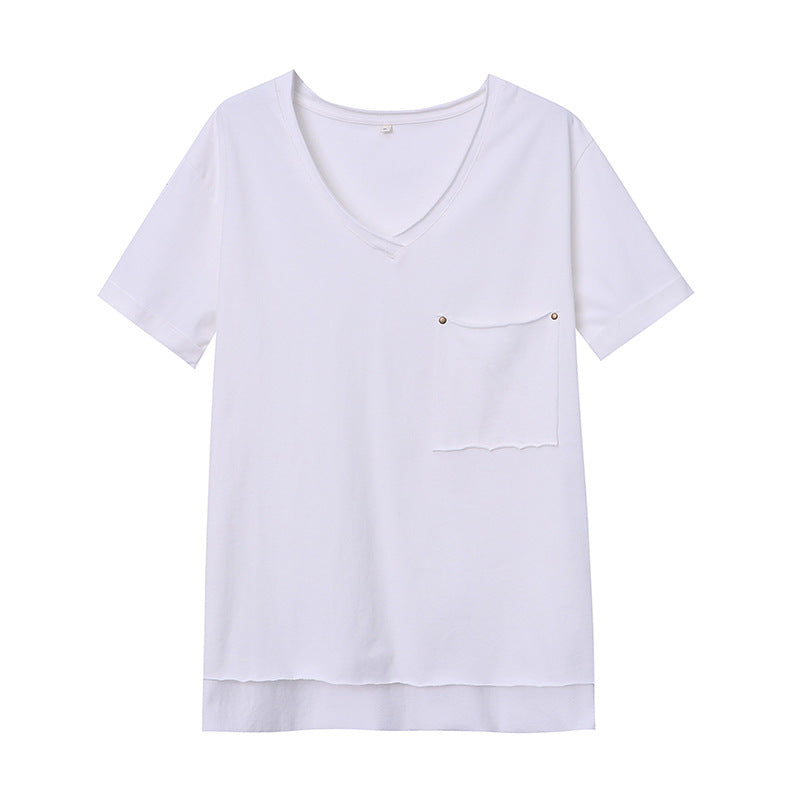 Damen T-Shirt V-Ausschnitt Baumwolle Brusttasche