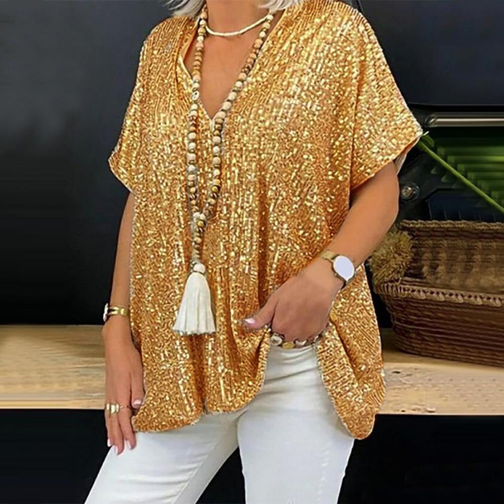 Damen Paillettentop Lässig V-Ausschnitt Glitzernd