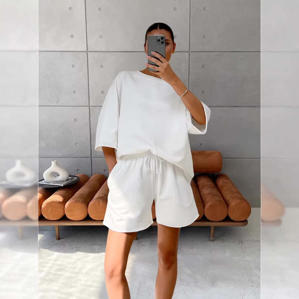 Damen Freizeitanzug-Set Baumwollmix Oversized T-Shirt Shorts Beige