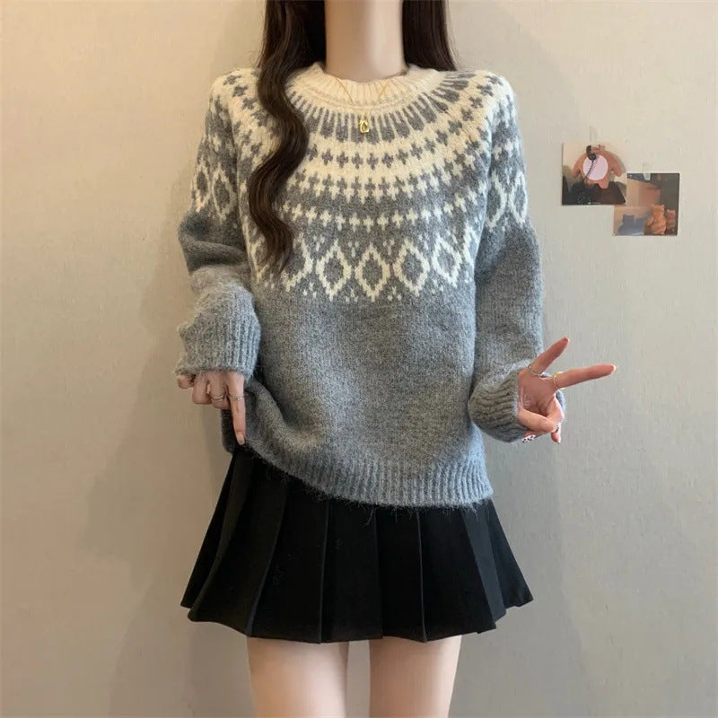 Damen Strickpullover Nordisches Muster Weich Grau