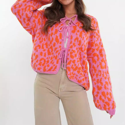 Damen Cardigan Tiermuster Elegant Bindebanddetails