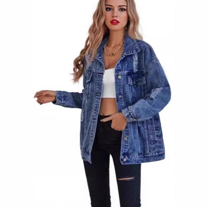 Damen Oversized Denimjacke Ripped Details Blau Eveloria