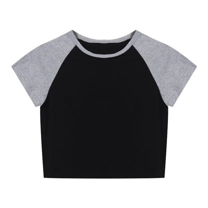 Damen Crop- Baumwollmix Kontrastärmel