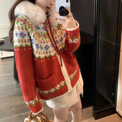 Damen Strickjacke Norwegermuster Kunstpelzkragen Schwarz - Eveloria