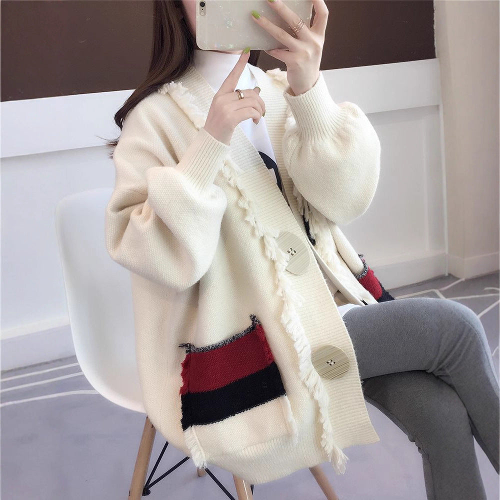 Damen Strickjacke Lässig Französische Details Beige - Eveloria